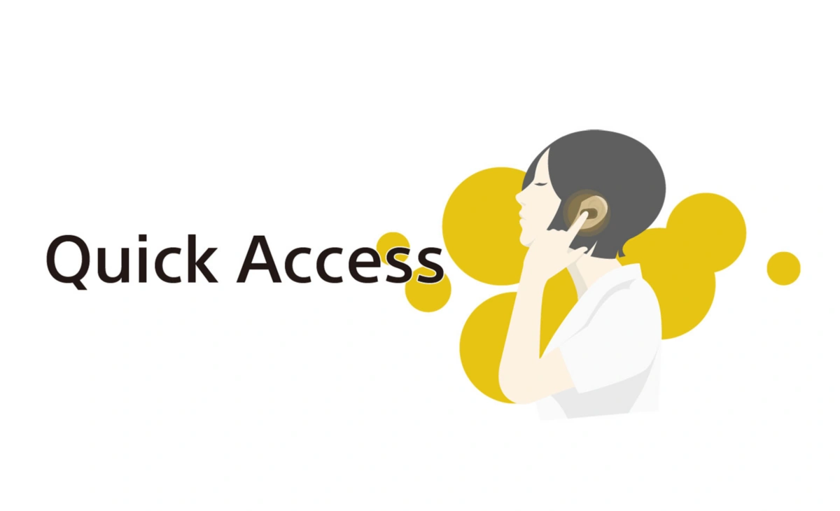 Логотип Quick Access от Sony рядом с изображением человека, который касается ушных вкладышей.