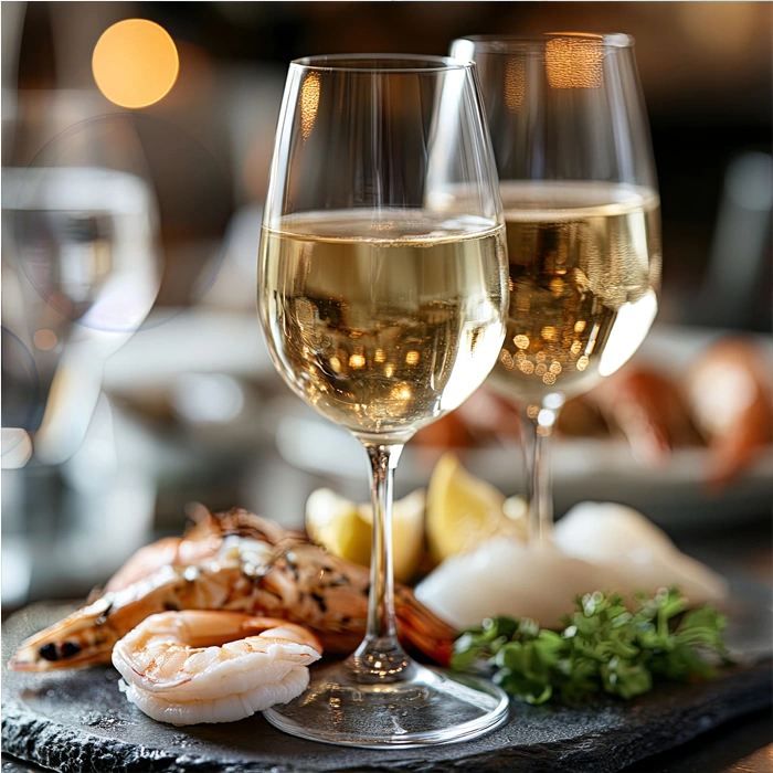 Два келихи ігристого Pure Bubbles Sparkling Zero з морепродуктами та закусками