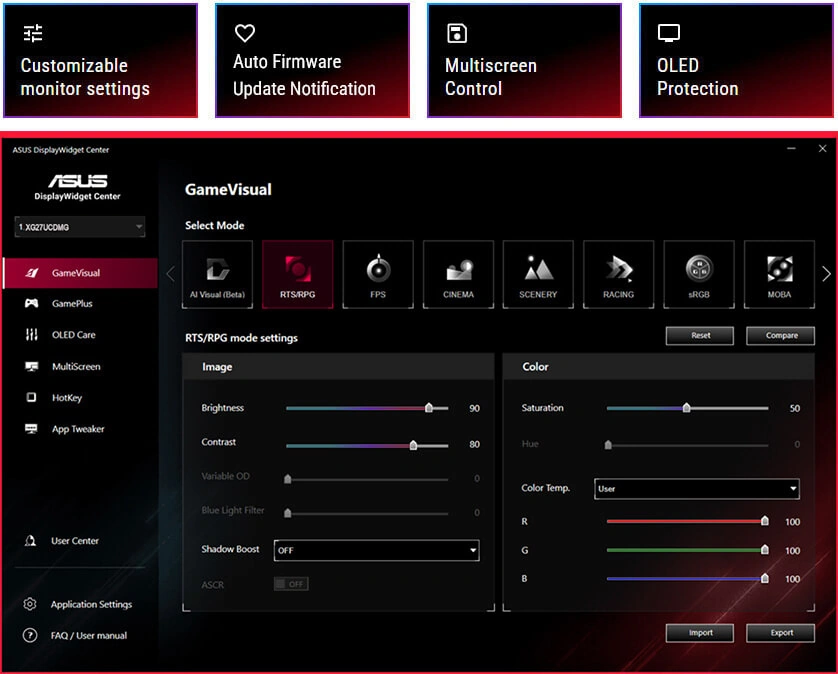 Интерфейс программы ASUS DisplayWidget Center с системными настройками монитора