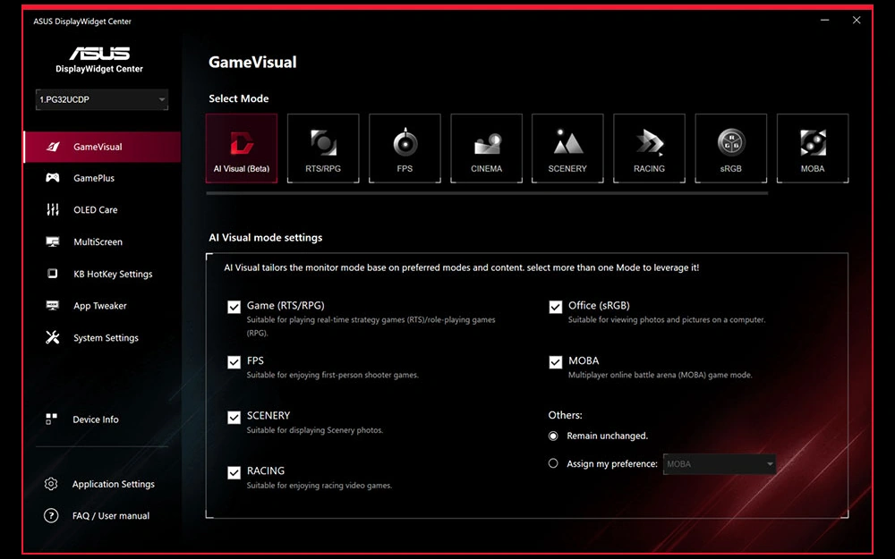 Інтерфейс програми ASUS DisplayWidget Center із системними налаштуваннями монітора