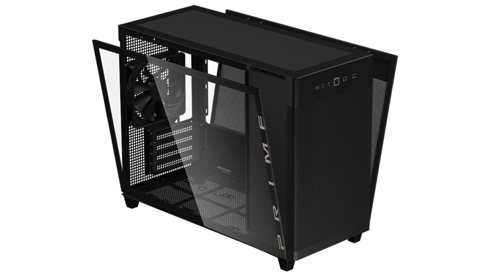 Человек снимает боковую панель корпуса ASUS Prime AP201 Tempered Glass с помощью зажимного механизма