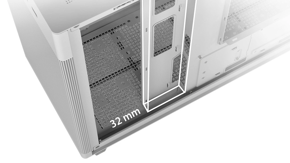 Крупный план пространства для кабелей шириной 32 мм в корпусе ASUS Prime AP201 Tempered Glass