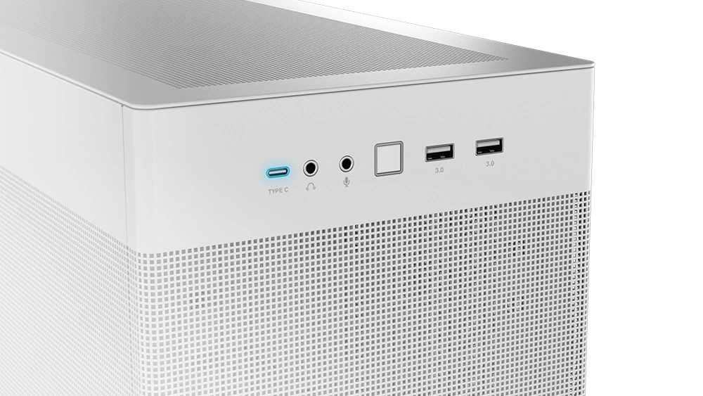 Увеличенное изображение передней панели ASUS Prime AP201 с портом USB Type-C и двумя портами USB Type-A