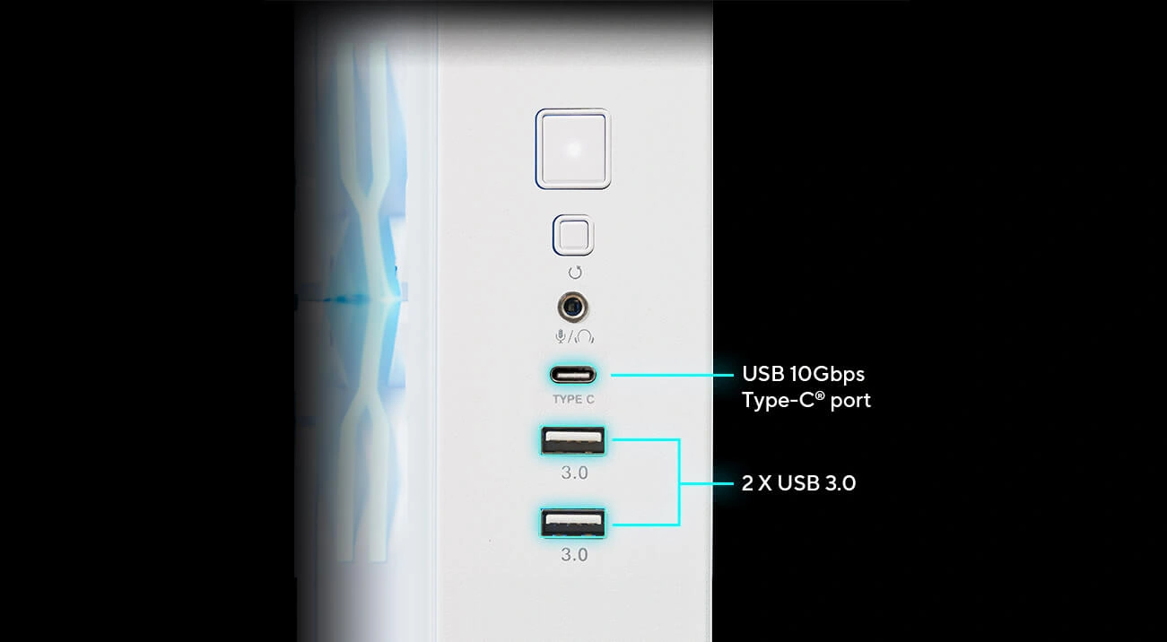 Передняя панель корпуса с разъёмом для наушников, портом USB Type-C и двумя портами USB-A, все порты выделены и подписаны