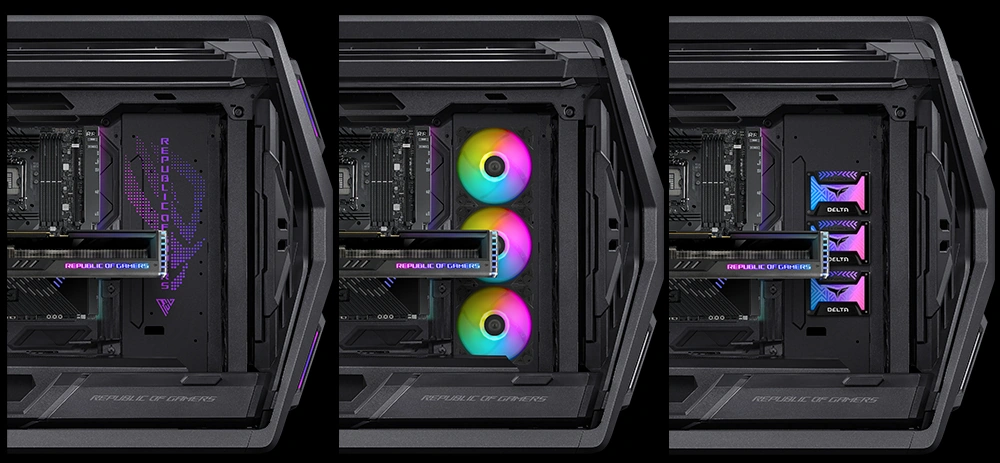 Внутренняя вертикальная монтажная зона ROG Hyperion GR701 для вентиляторов, накопителей или радиатора