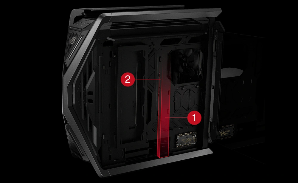Тыльная сторона ROG Hyperion GR701 с подчёркнутым местом для прокладки кабелей