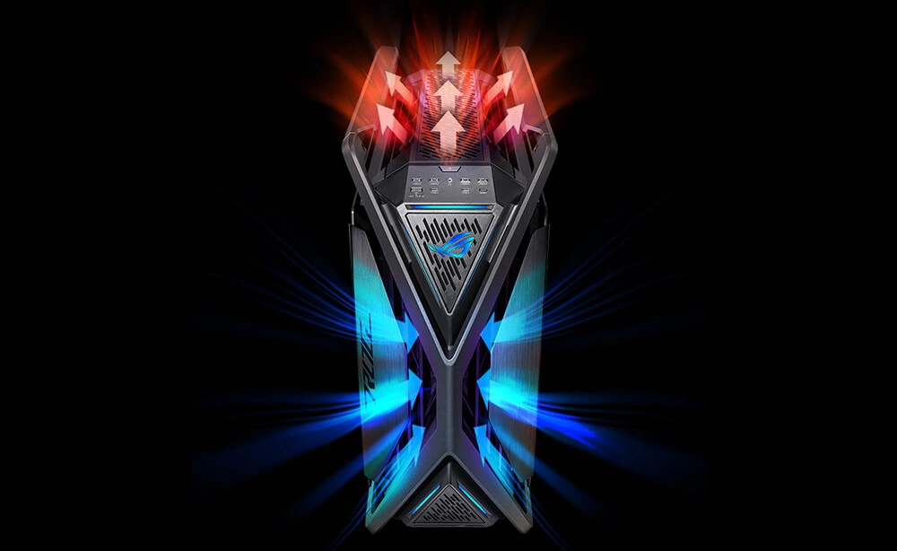 Передня панель ROG Hyperion GR701 BTF Edition з діагональними лініями та логотипом ROG