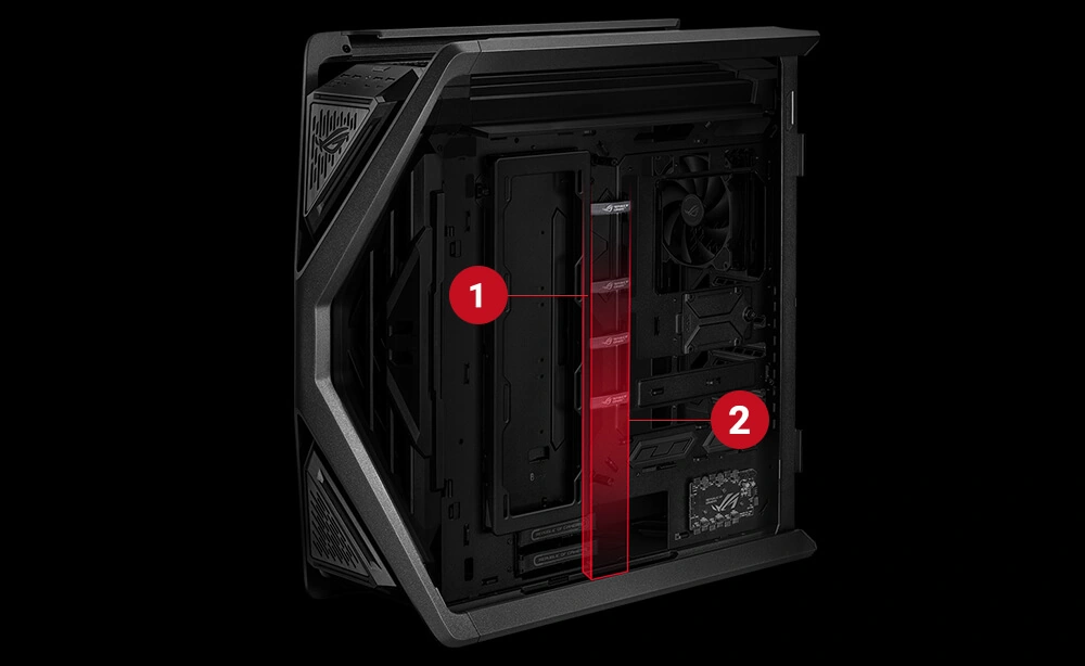 Тильна сторона ROG Hyperion GR701 BTF Edition з підкресленим місцем для прокладання кабелів