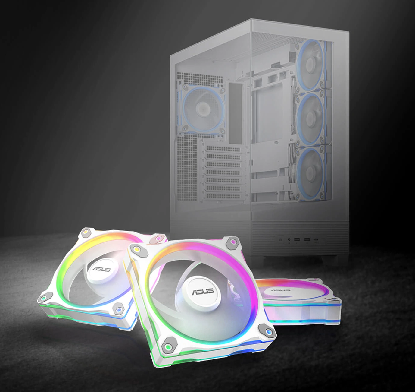 Білі вентилятори ASUS Prime MR120, встановлені перед білим корпусом