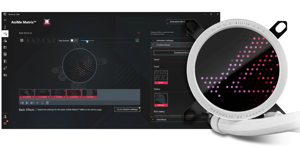 Эксклюзивная анимация ROG на дисплее AniMe Matrix системы охлаждения ROG Ryuo III 240 ARGB White Edition