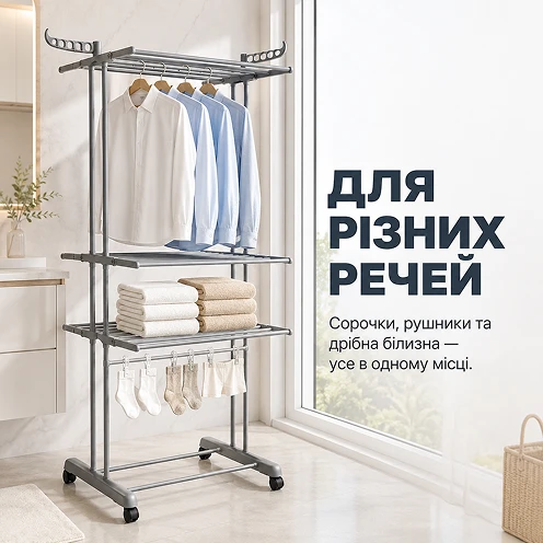 Сушка разных типов одежды на вертикальных уровнях