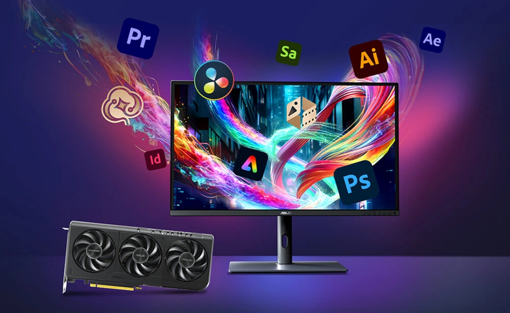 Монитор с логотипами продуктов Adobe Creative Cloud рядом с видеокартой