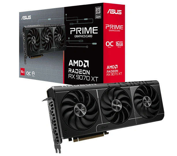 Общий вид видеокарты ASUS Prime Radeon RX 9070 XT с тремя вентиляторами