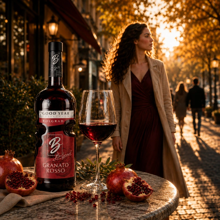 Столик с бутылкой GOOD YEAR Granato Rosso, бокалом и гранатами на вечерней улице