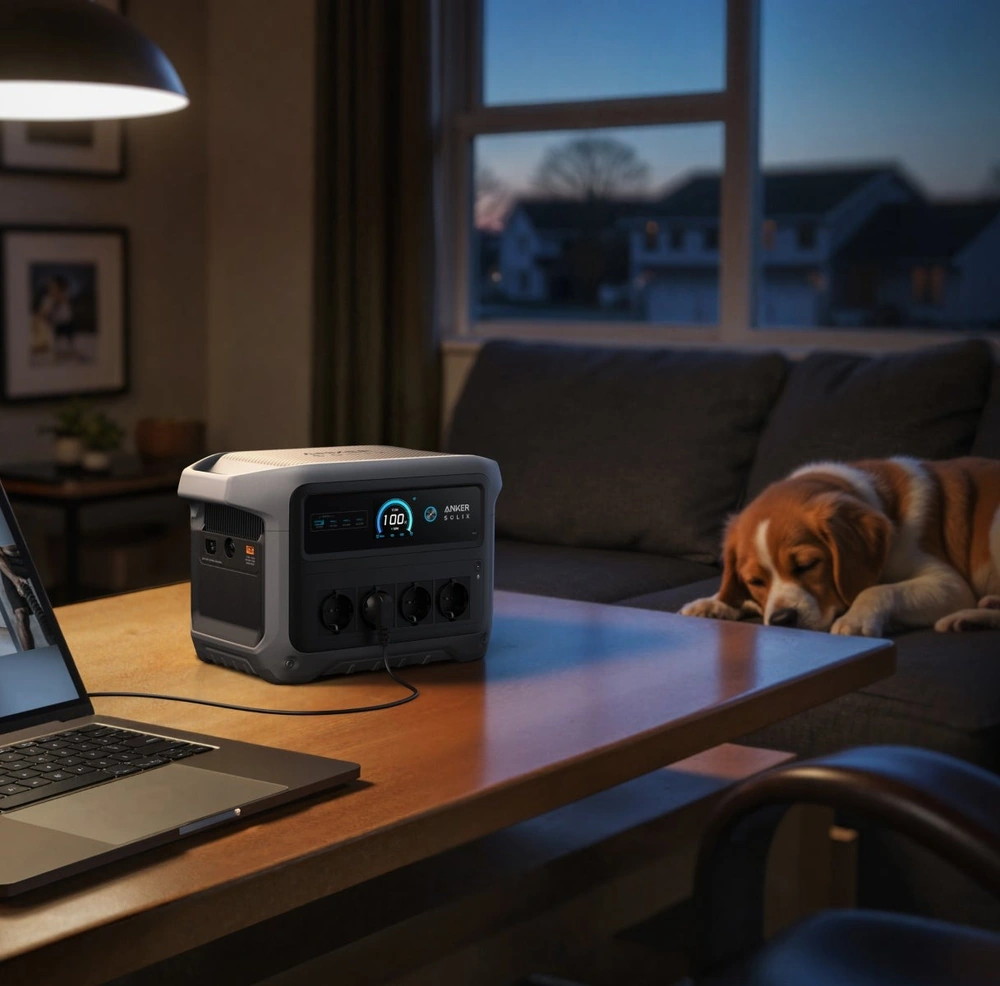 Станция Anker SOLIX C1000 Gen 2 тихо работает в гостиной рядом со спящей собакой