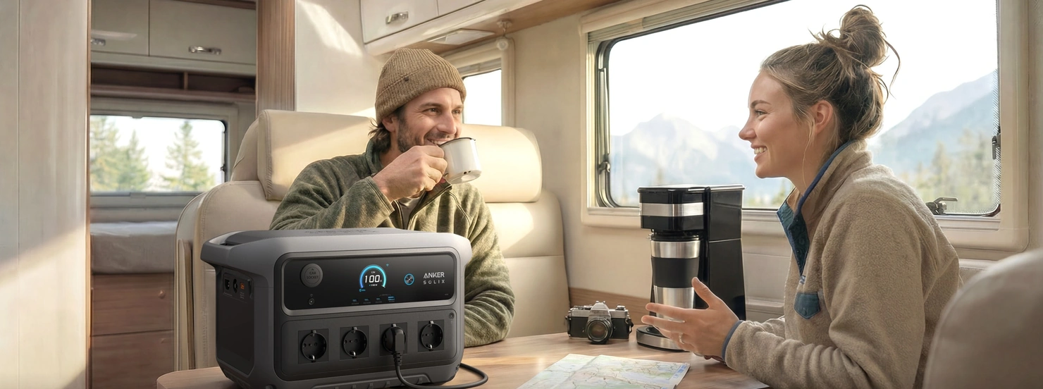 Anker SOLIX C2000 Gen 2 питает кофеварку в автодоме