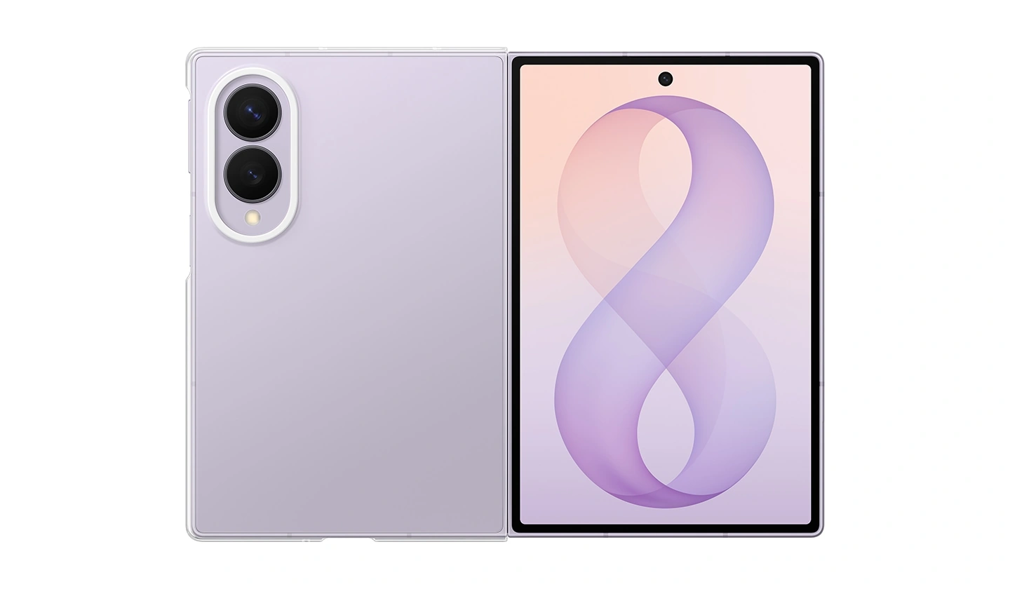 Вид сзади разложенного Galaxy Fold8 лавандового цвета в прозрачном чехле.