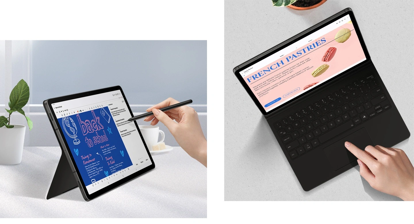 Людина направляє електронне перо S Pen на планшет Galaxy Tab S9, на якому відображається додаток Note Assist у користуванні, і який стоїть горизонтально за допомогою обкладинки-клавіатури Book Cover Keyboard. Вигляд зверху на людину, яка використовує сенсорну панель на обкладинці-клавіатурі Book Cover Keyboard для навігації в додатку Note Assist на планшеті Galaxy Tab S9.