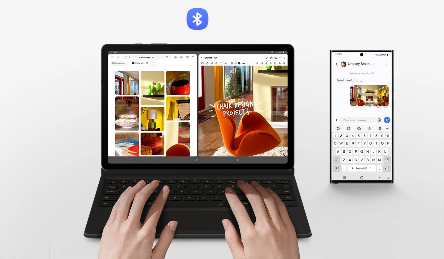 Людина використовує планшет Galaxy Tab S9 з обкладинкою-клавіатурою Book Cover Keyboard. Екран пристрою розділений на два вікна: в одному декілька зображень домашніх меблів з Інтернету, а в іншому — зображення, що редагується. Смартфон Galaxy з зображенням на екрані, на якому також йде набір тексту за допомогою обкладинки-клавіатури. Відображається логотип Bluetooth.