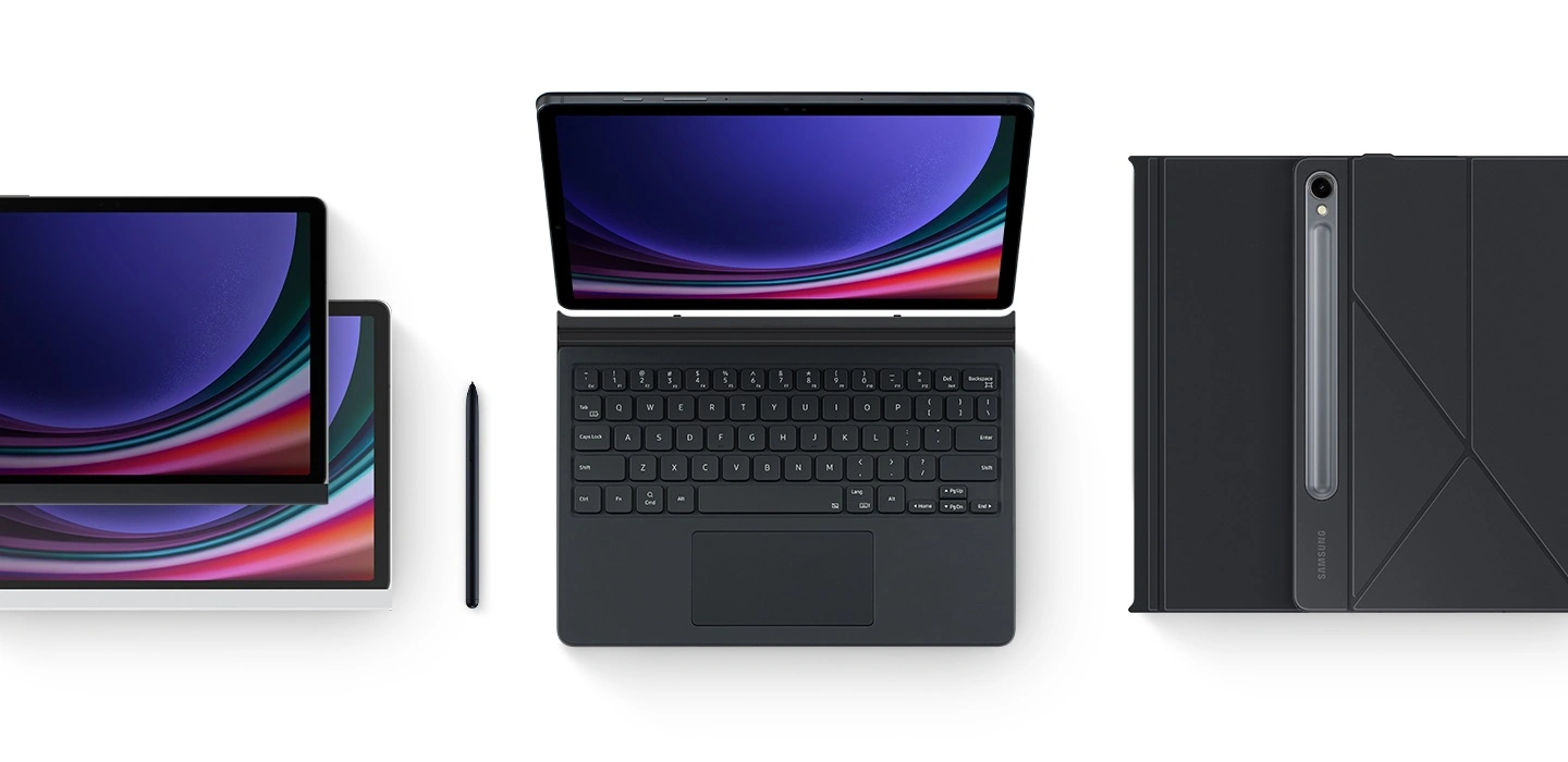 Изображение нескольких аксессуаров для Galaxy Tab S9, включая Book Cover Keyboard, стекло-антишпион, плёнку NotePaper Screen, два чехла Smart Book Cover и перо S Pen, расположенные рядом с Galaxy Tab S9.