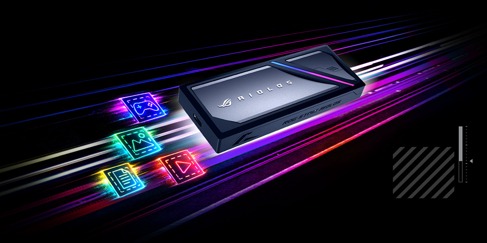 Портативный SSD-контейнер ROG Strix Aiolos среди ярких RGB-шлейфов данных с пиктограммами файлов вокруг