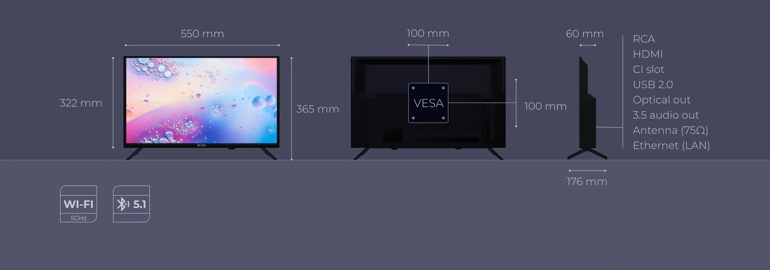 Габариты телевизора KIVI 24H760QB, крепление VESA 100x100 мм и разъёмы: RCA, HDMI, CI slot, USB 2.0, Optical out, 3.5 audio out, Antenna, Ethernet