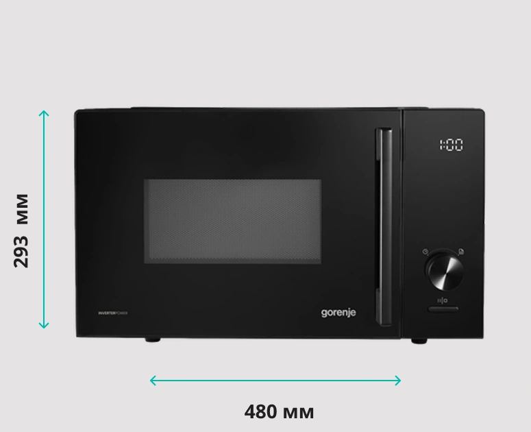 Габариты микроволновой печи Gorenje MO23S3B5: высота 293 мм, ширина 480 мм