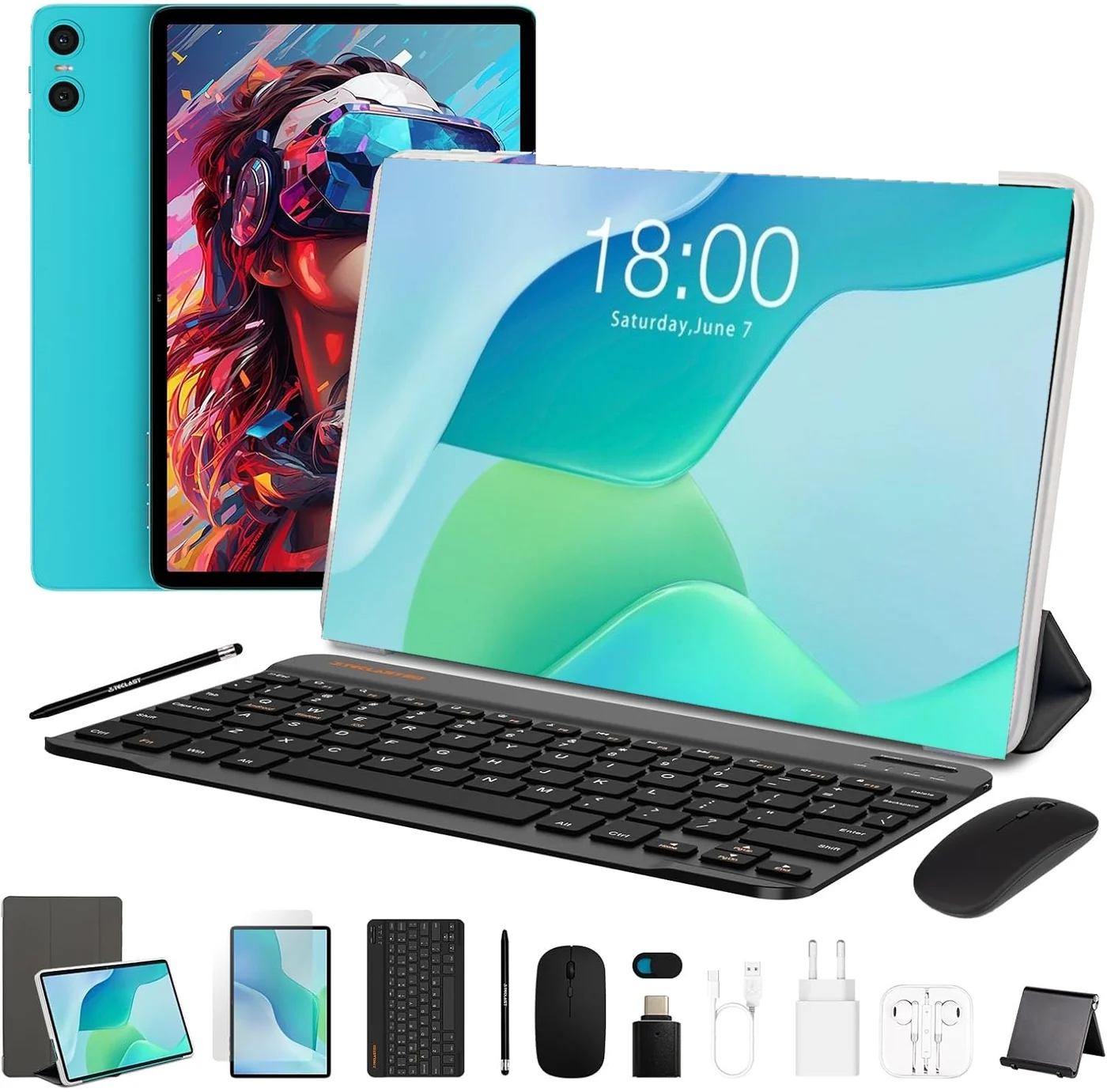 Планшет Teclast P33 KIT із клавіатурою, мишею та стилусом, а також повна комплектація: чохол, захисна плівка, OTG-адаптер, кабель, зарядний пристрій, навушники й підставка