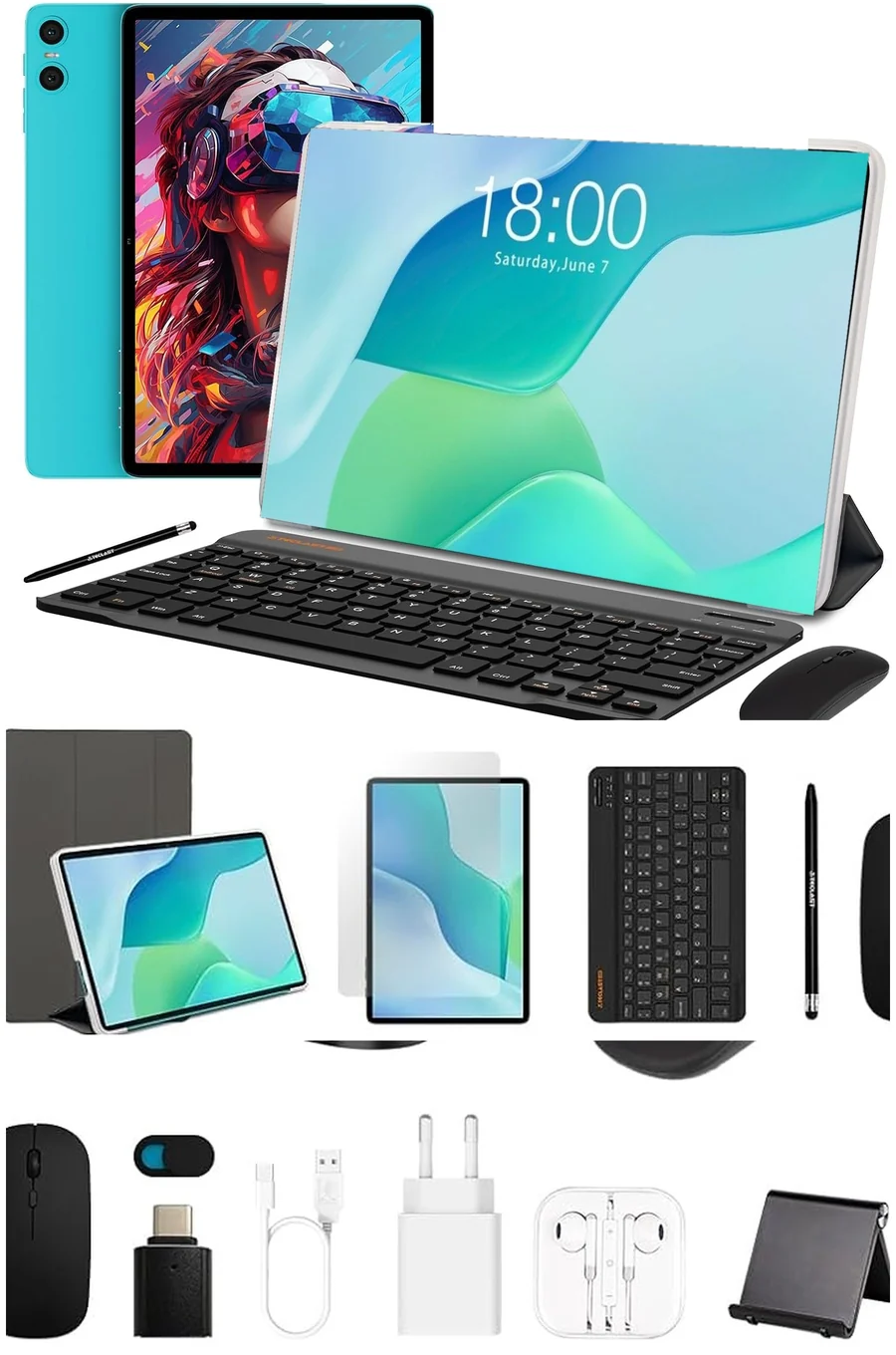 Планшет Teclast P33 KIT із клавіатурою, мишею та стилусом, а також повна комплектація: чохол, захисна плівка, OTG-адаптер, кабель, зарядний пристрій, навушники й підставка