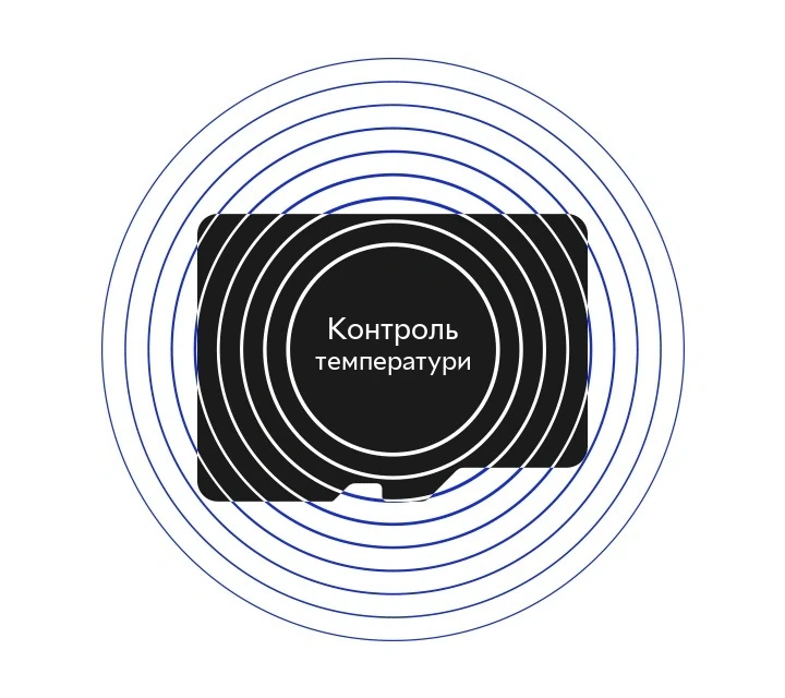 Надпись «Термоконтроль» на тёмном силуэте карты памяти, окружённая концентрическими кругами