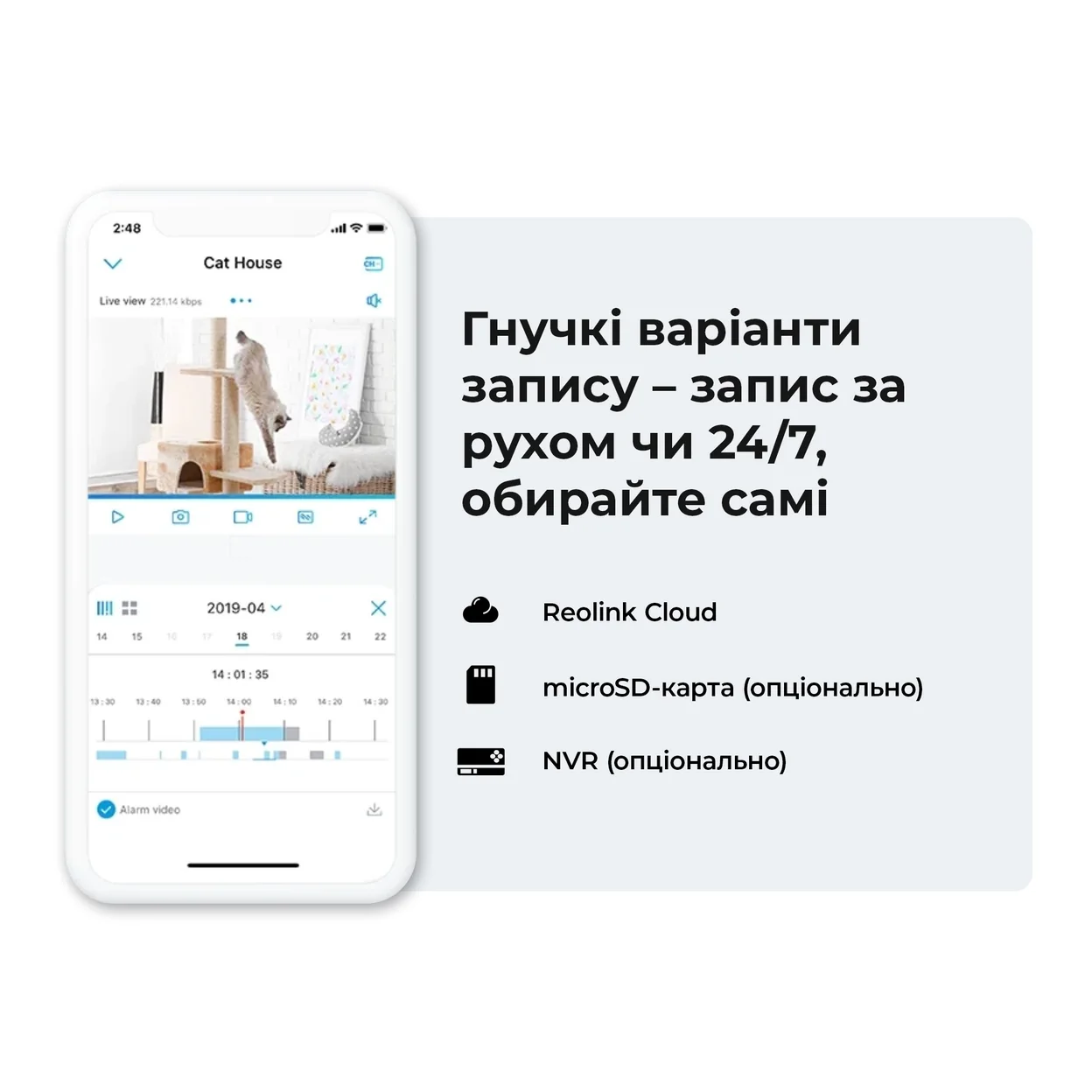 Календарь записи и таймлайн в приложении Reolink
