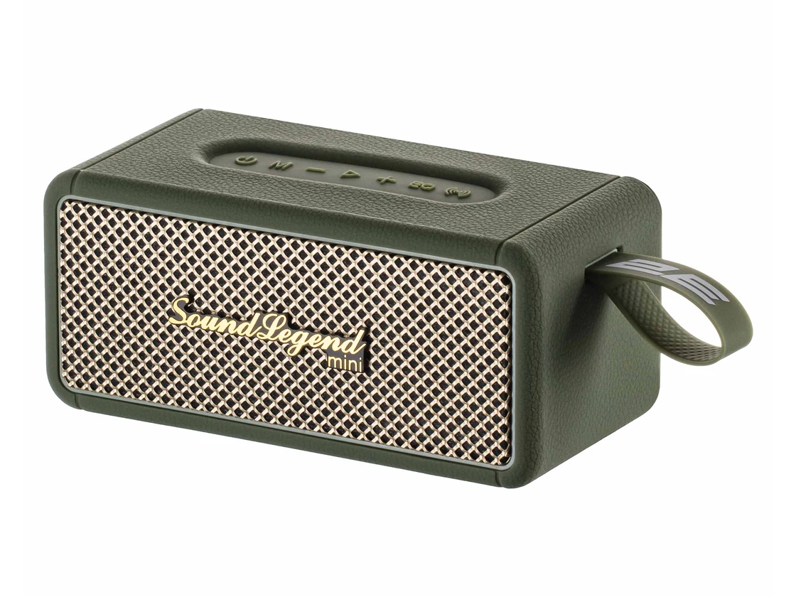Портативная акустическая система 2E SoundLegend Mini зелёного цвета в три четверти