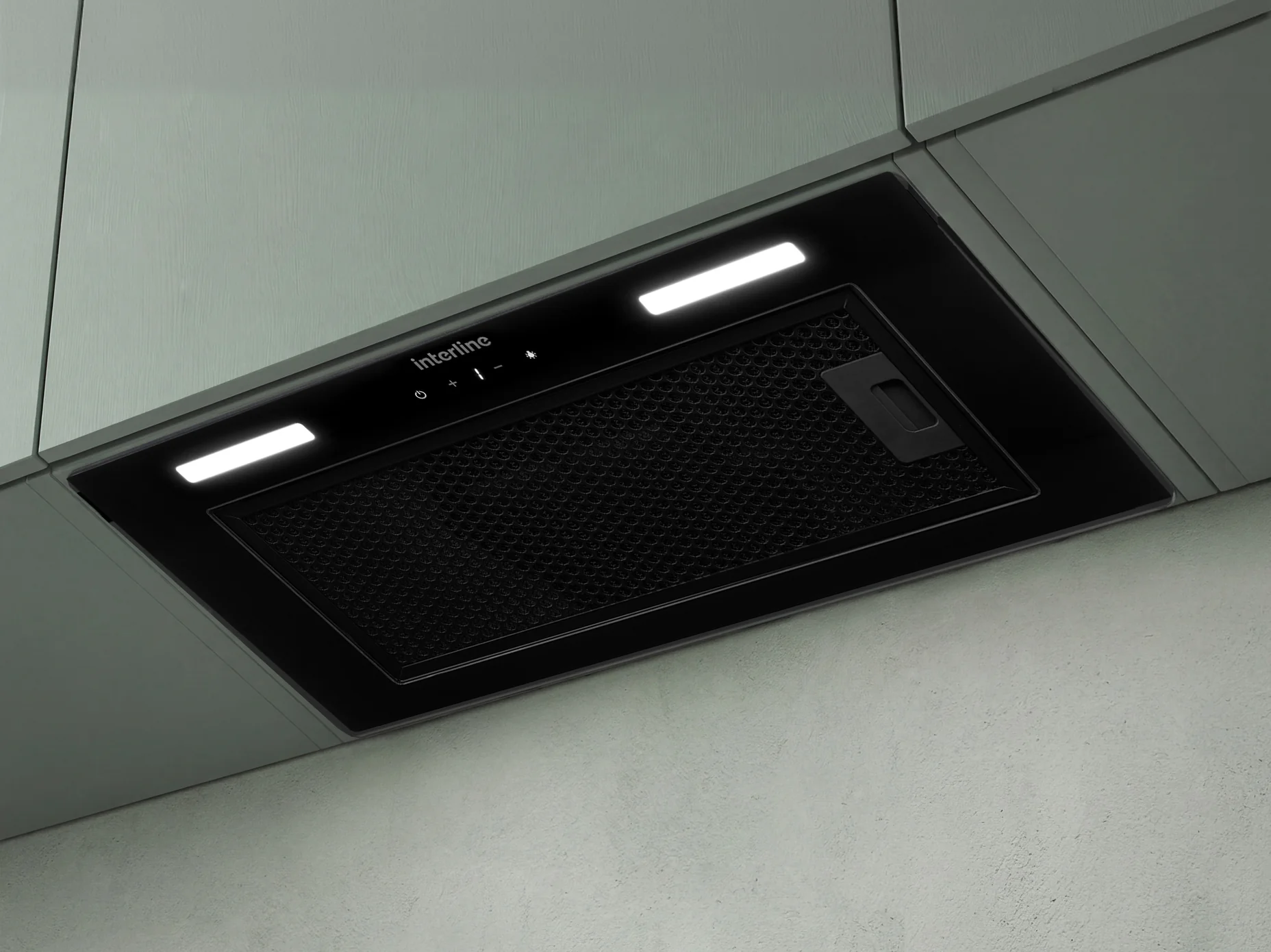Встраиваемая вытяжка Interline SKYLINE Sense BL A/60/GL/ST со стеклянным фасадом в кухонном шкафу