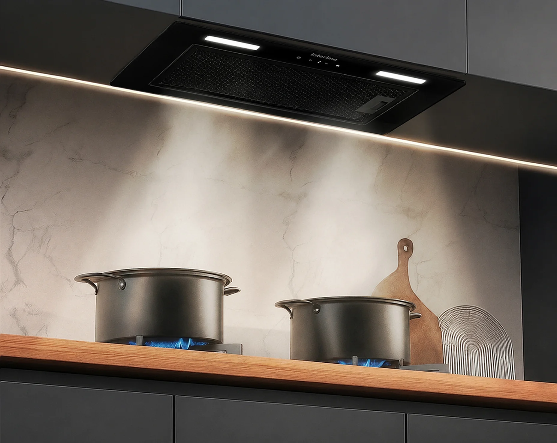 LED-подсветка вытяжки Interline SKYLINE Sense над рабочей зоной кухни