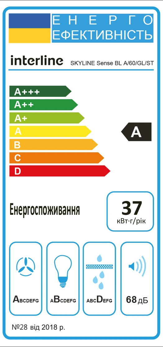 Этикетка энергоэффективности: класс А, 37 кВт·ч/год, 68 дБ