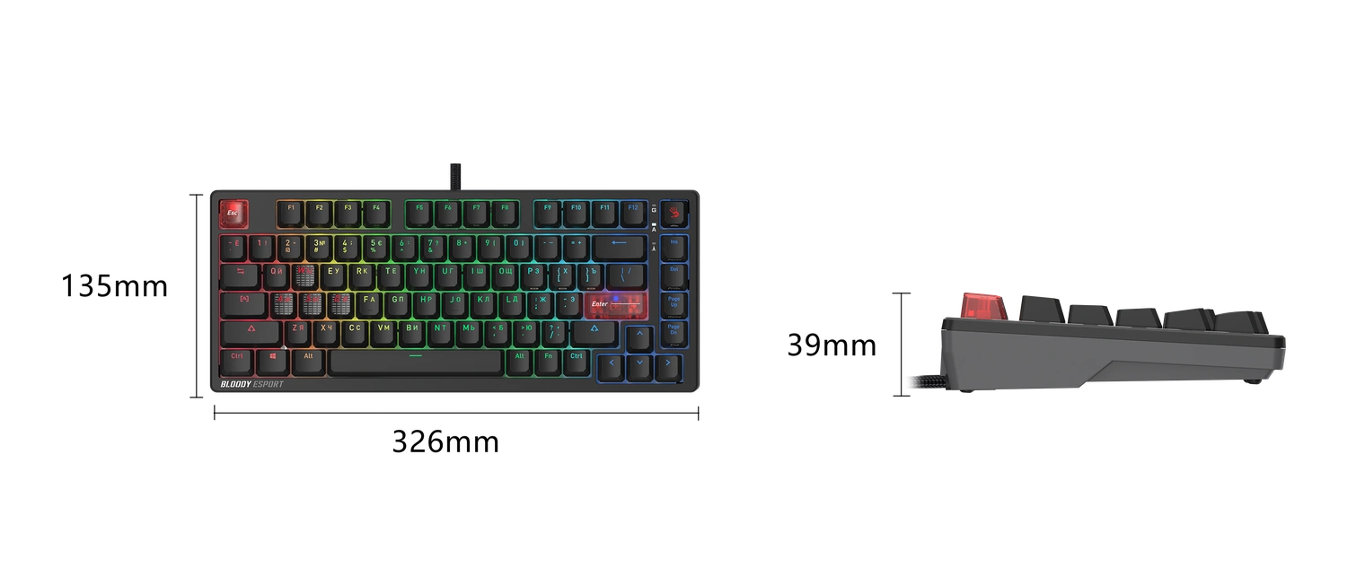 Габарити клавіатури A4Tech Bloody MS76 — 326 × 135 × 39 мм