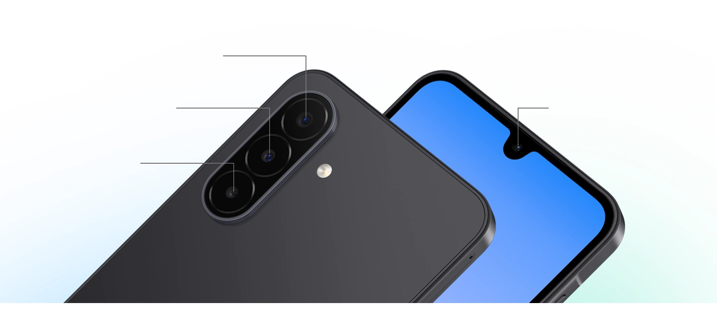 Два телефона Galaxy A18. Один изображён сзади, демонстрируя ультраширокоугольную камеру 5 МП, широкоугольную камеру 50 МП и макрокамеру 2 МП. Другой – изображён спереди, демонстрируя фронтальную камеру 13 МП.