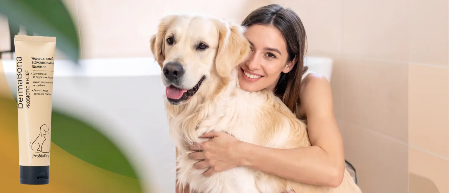 Упаковка шампуню DermaBona Probiotic Relief на стильному пастельному тлі