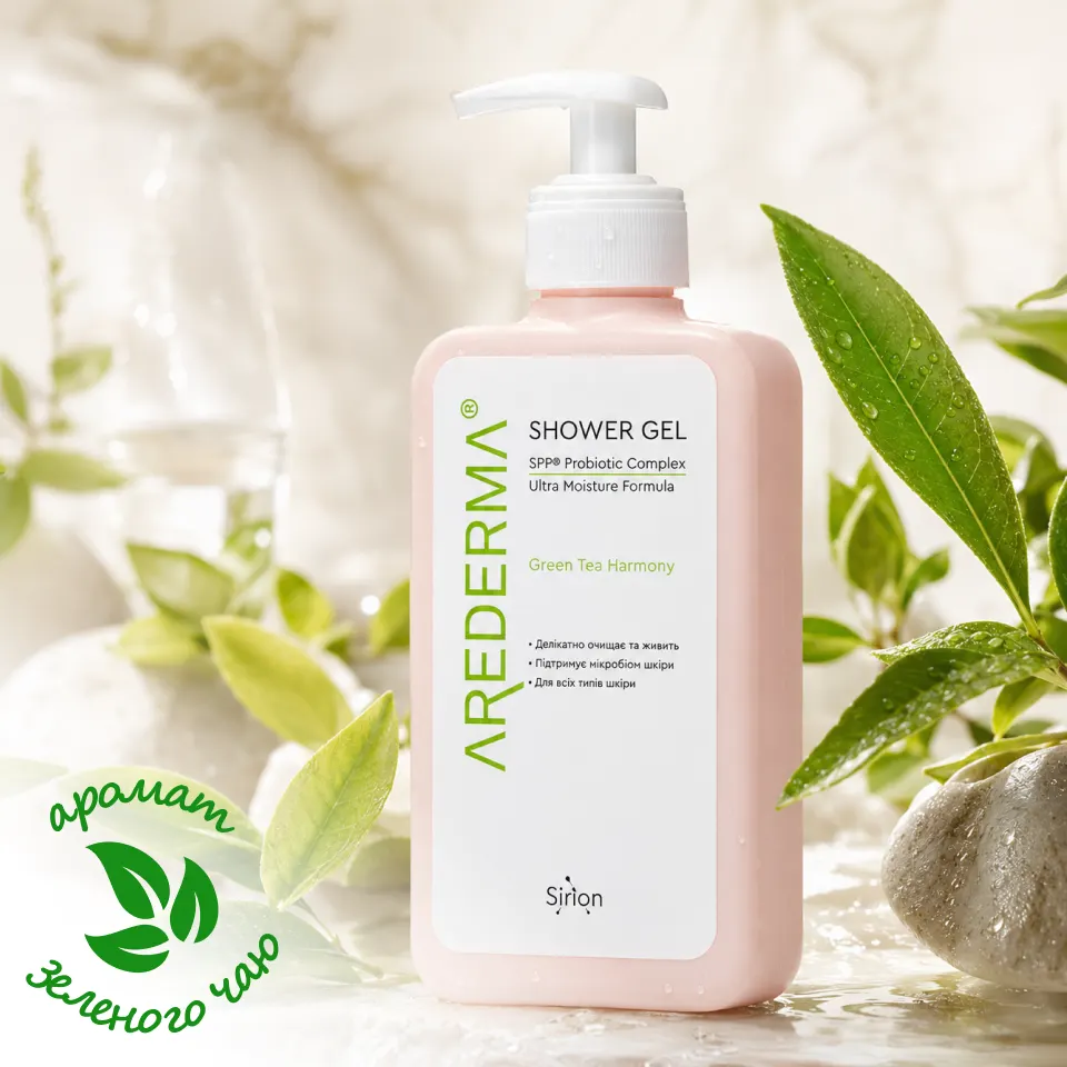 Пляшка парфумованого гелю для душу AREDERMA Green Tea Harmony з ароматом зеленого чаю