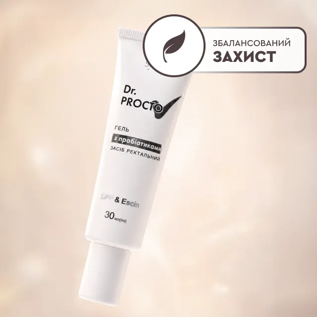 Рука держит тюбик геля Dr. Procto со знаком сбалансированной защиты