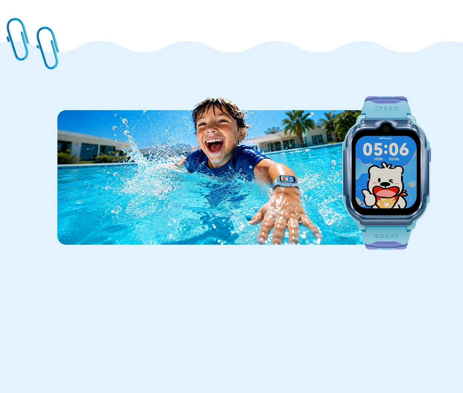 Мальчик плавает в бассейне с часами KidGuard G1