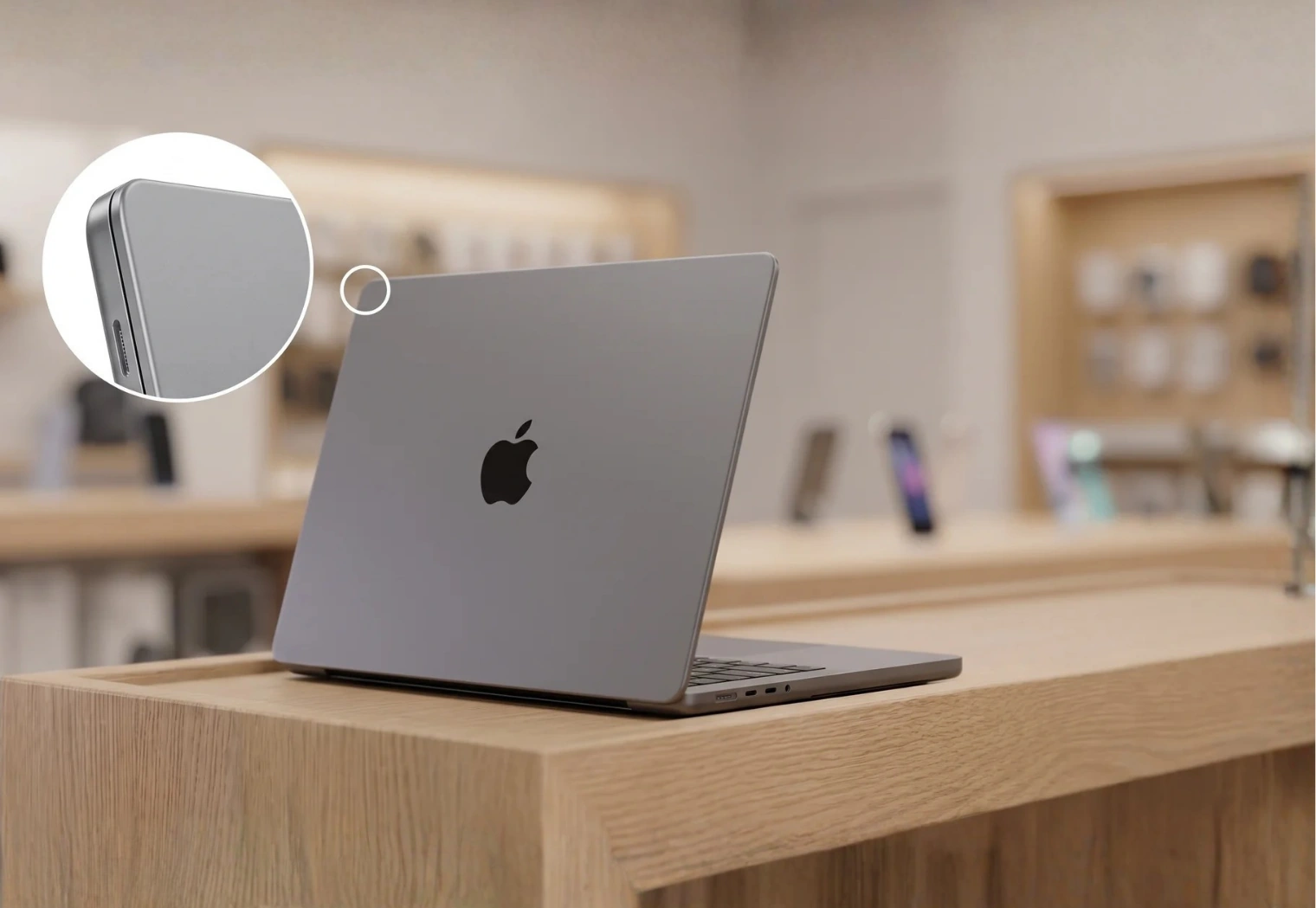 MacBook на столі зі збільшеним фрагментом кута корпусу