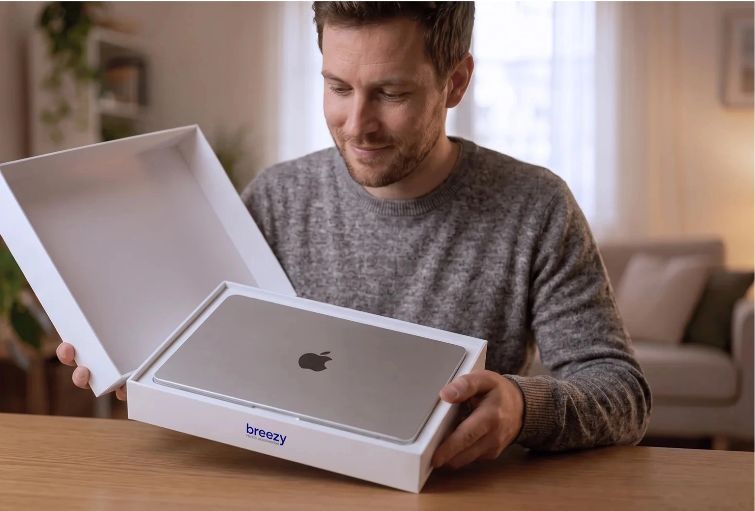 Покупець відкриває коробку Breezy з відновленим MacBook