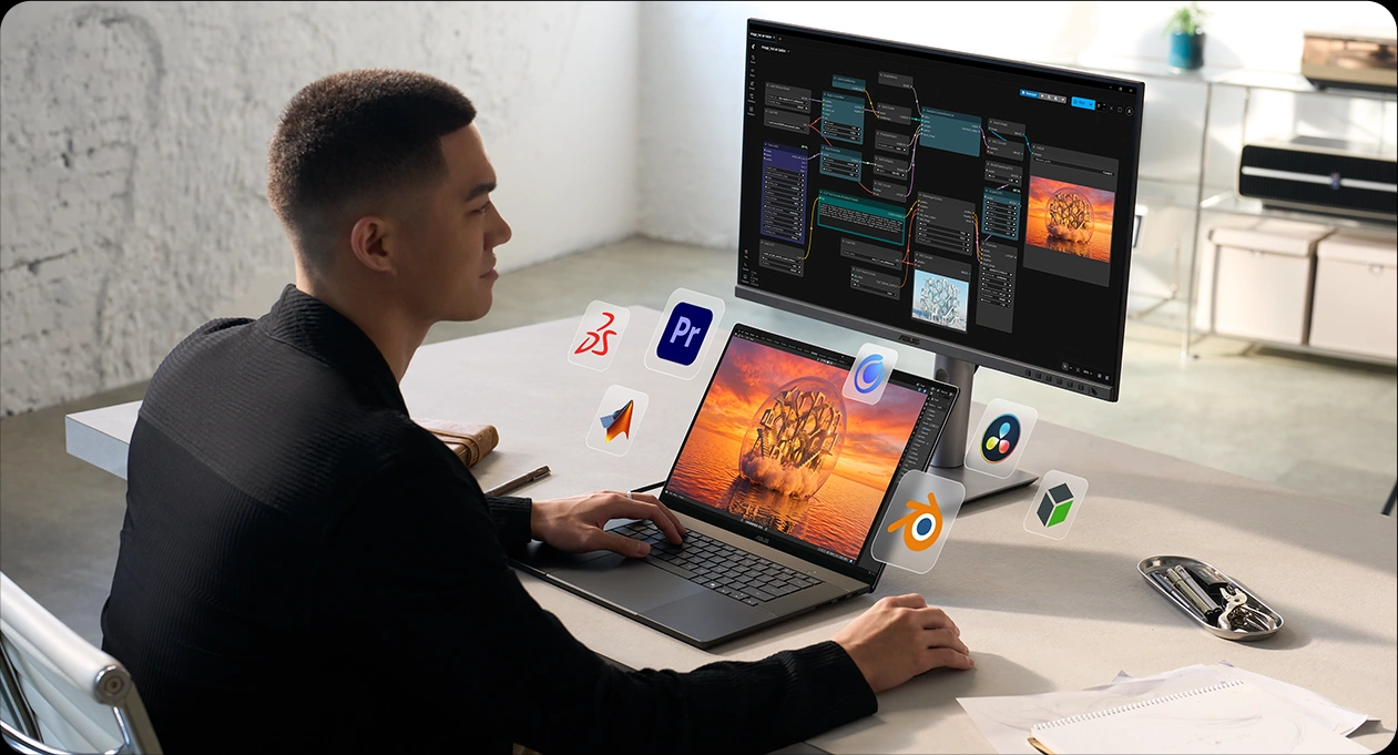 Творець працює на ноутбуці ASUS ProArt P16 із застосунками для створення контенту