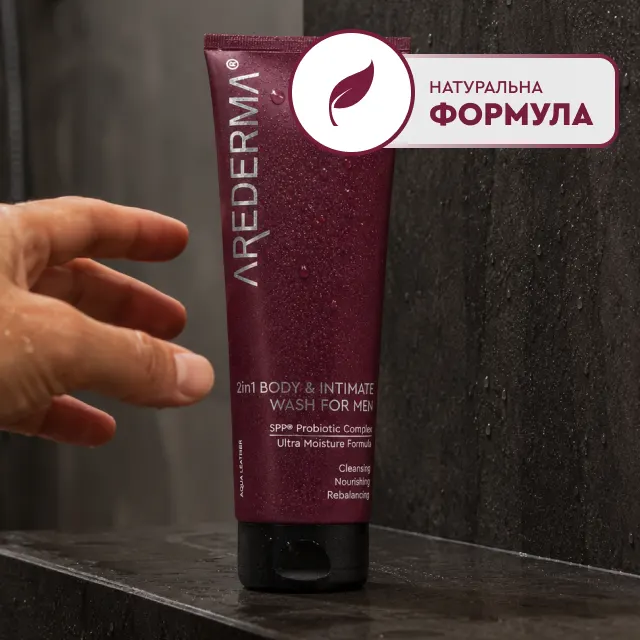 Флакон чоловічого гелю AREDERMA Aqua Leather у душі з круглим значком натуральна формула
