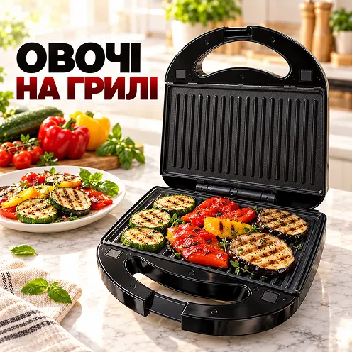 Приготування соковитих овочів та ковбасок на ребристій панелі гриль