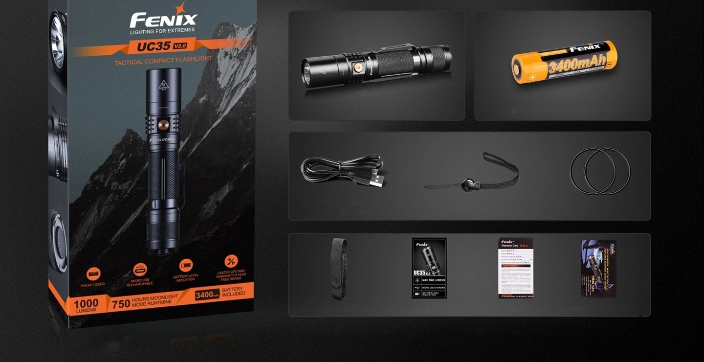 Комплектация Fenix UC35 V2.0: фонарь, аккумулятор, кабель Micro USB, темляк, 2 уплотнительных кольца, чехол, инструкция, гарантийный талон