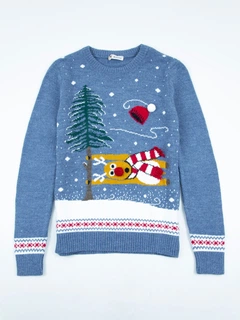 Свитер женский светло-синий новогодний с оленем 19745-3 ONE