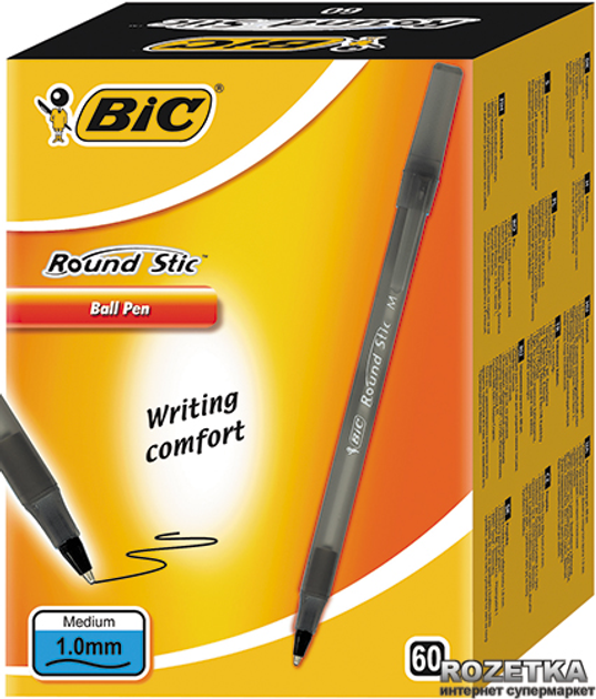 Набор шариковых ручек 60 шт BIC Round Stic M Черный, пишущий узел 1мм ...