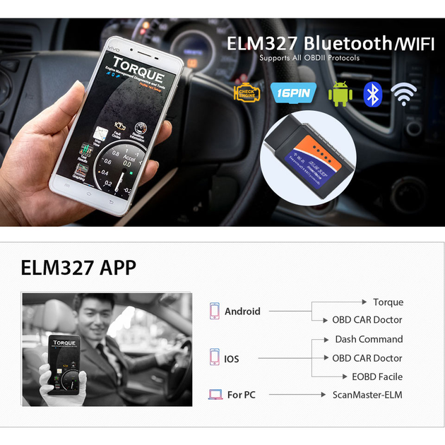 Универсальный автосканер адаптер для диагностики авто Wi-Fi ELM327 v1.5 OBD2 PIC18F25K80 - изображение 5